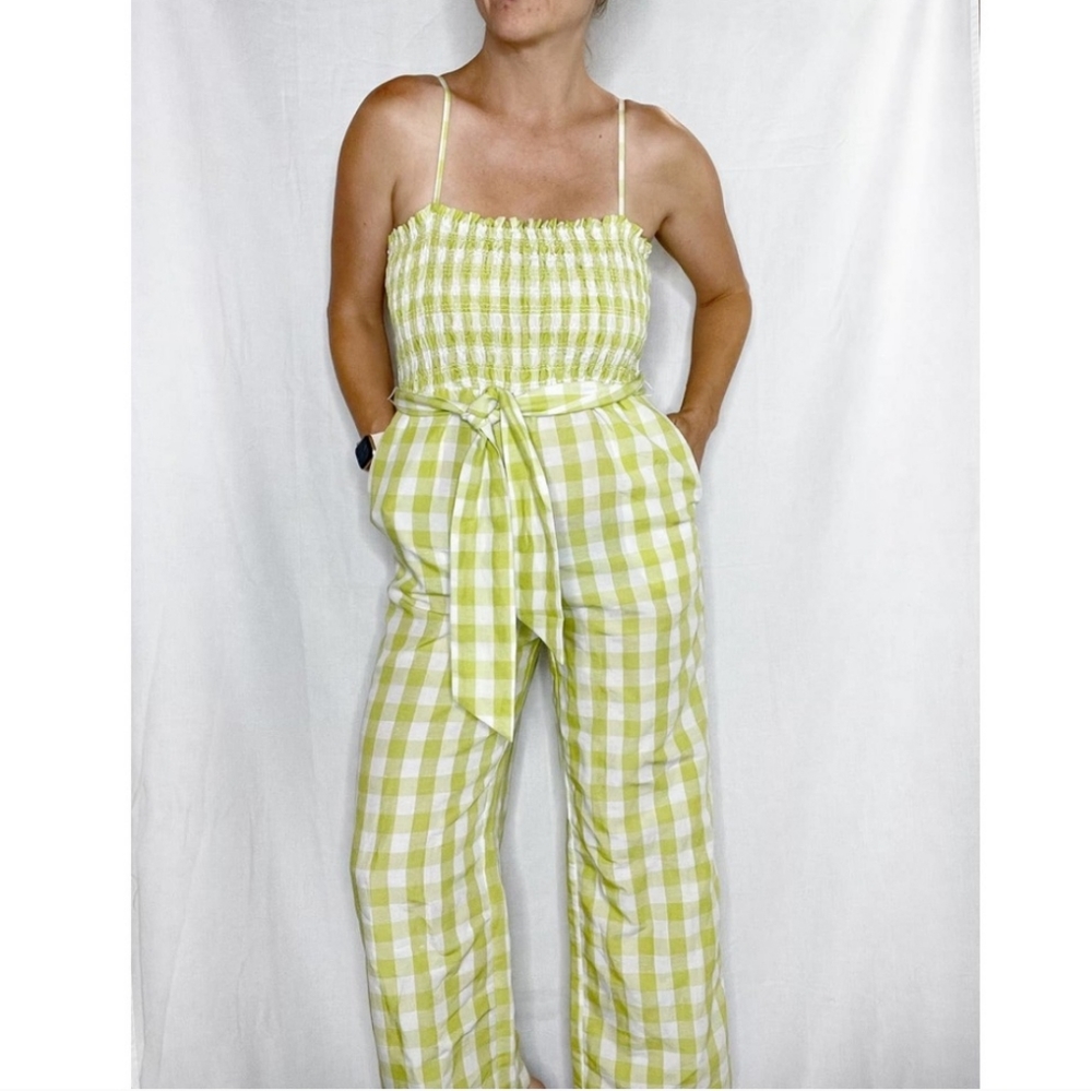 House of harlow 1960 gingham Brown linen jumpsuit